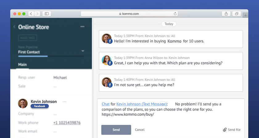 Communicating with contacts in Facebook Messenger using Kommo.