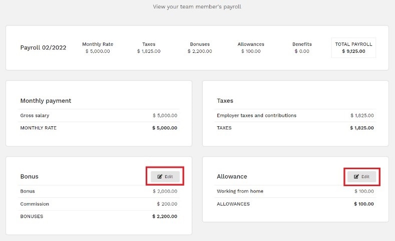 A snapshot of Oyster's employee payroll profile that shows all salary, tax, and payment details.