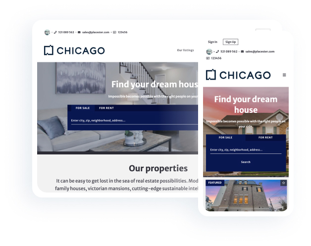 Placester real estate website example on desktop and mobile.